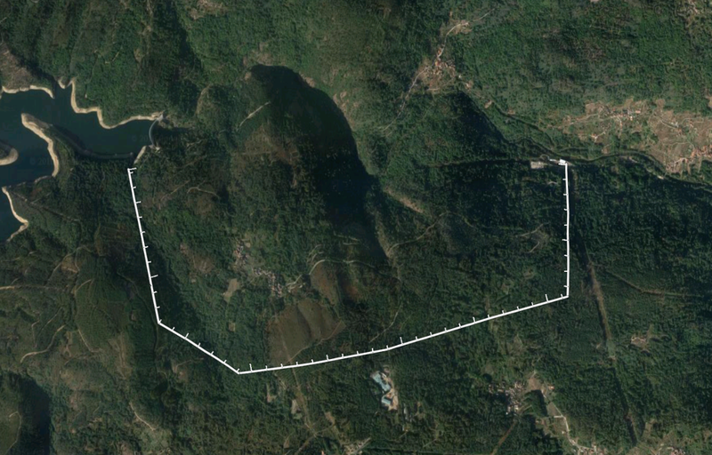 Dam (left) power station (right) estimated path of water (white line)